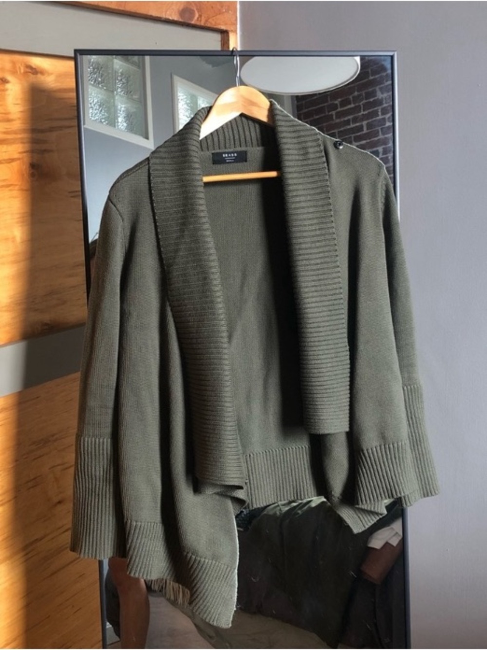 Brass Olive Green Open-Front Ribbed Shawl Cardigan, Small